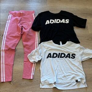 SOLD. Not available. Adidas Bundle / Black and White T-Shirts with Pink Leggings